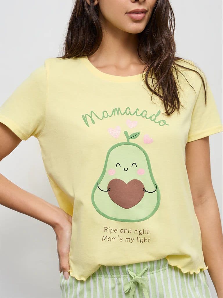 Wunderlove Yellow Printed Cotton T-Shirt and Shorts Set — photo 3