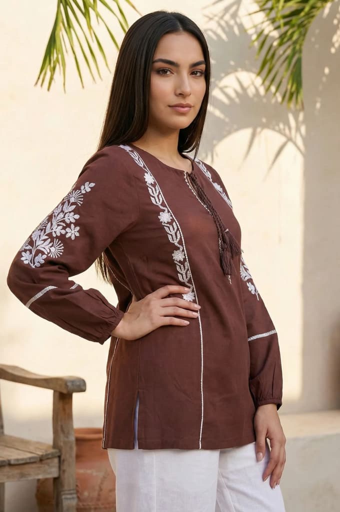 Brown Floral Embroidered Straight Top — photo 5