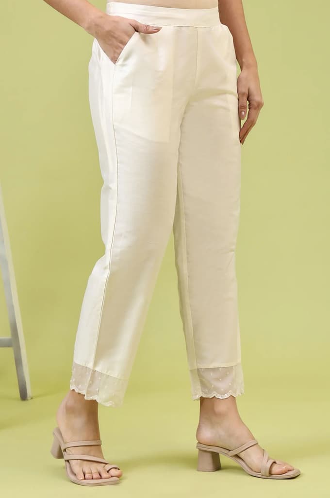 White Solid Mid-Rise Straight Pants with Embroidered Organza Scallop Hemline — photo 6