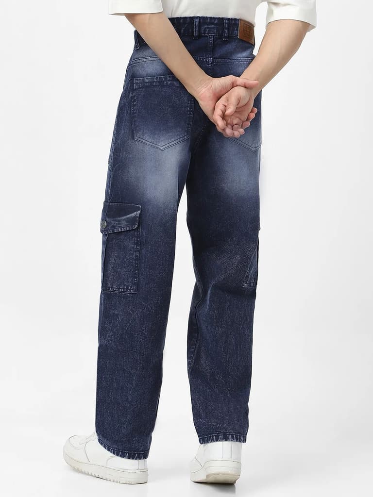 Men's Navy Loose Fit Cargo Jeans With 6 Pockets Non Stretchable — photo 3