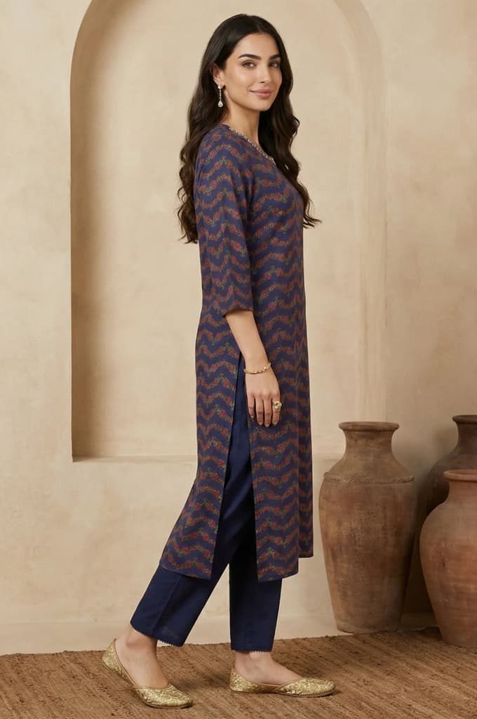 Navy Blue Chevron Beadwork Straight Kurta — photo 6