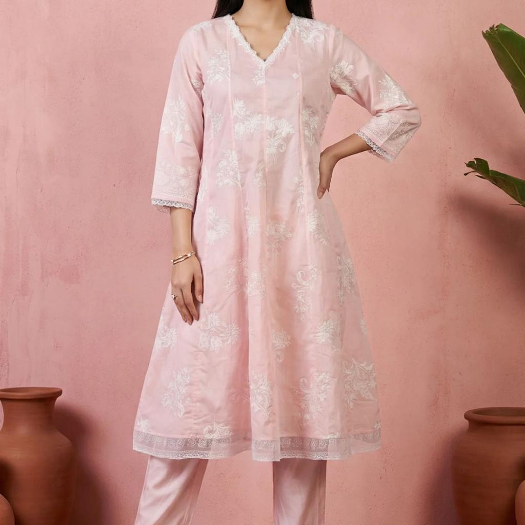 Pink Embroidered Floral Printed Chanderi Straight Kurta with Straight Pants Set