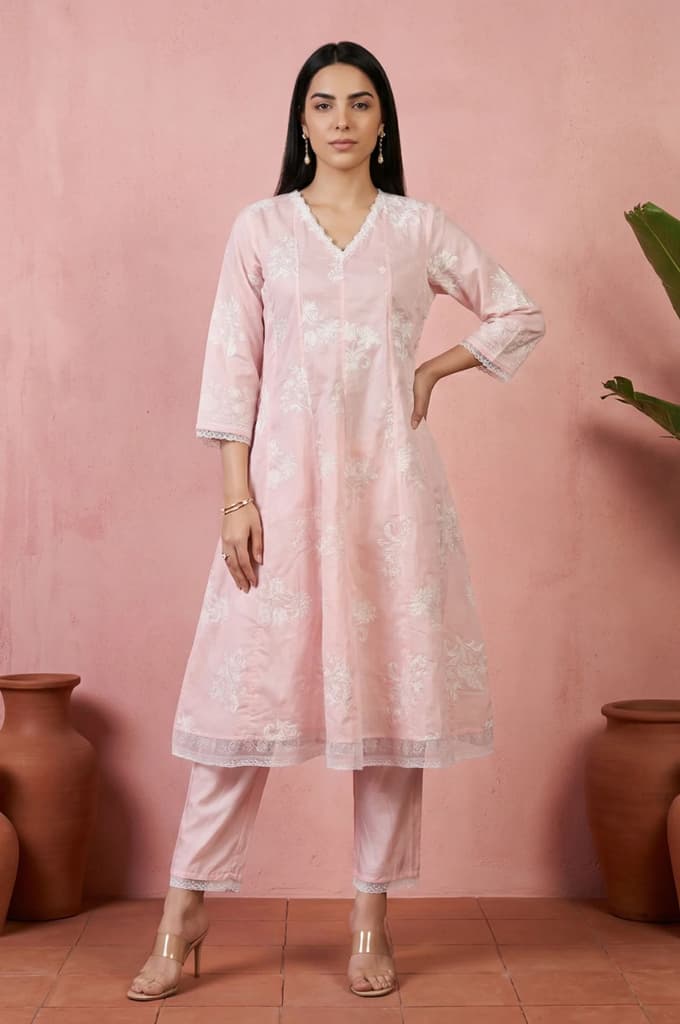 Pink Embroidered Floral Printed Chanderi Straight Kurta with Straight Pants Set — XS
