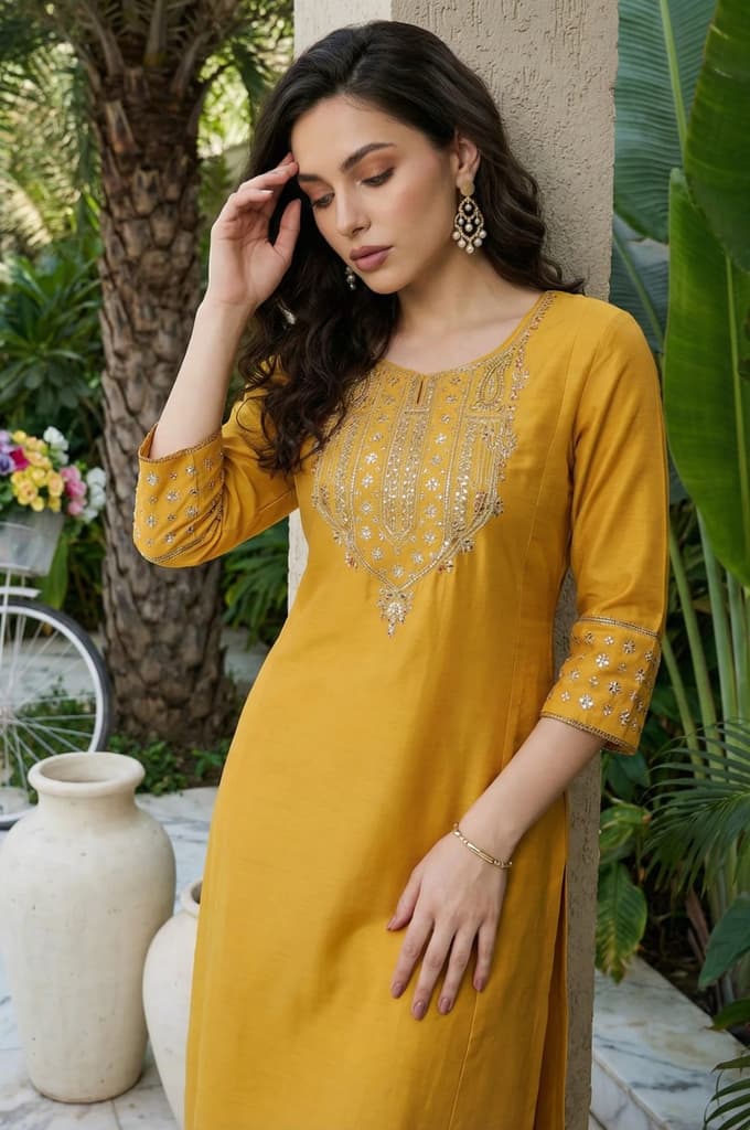 Mustard Embroidered A-Line Rayon Kurta — photo 2