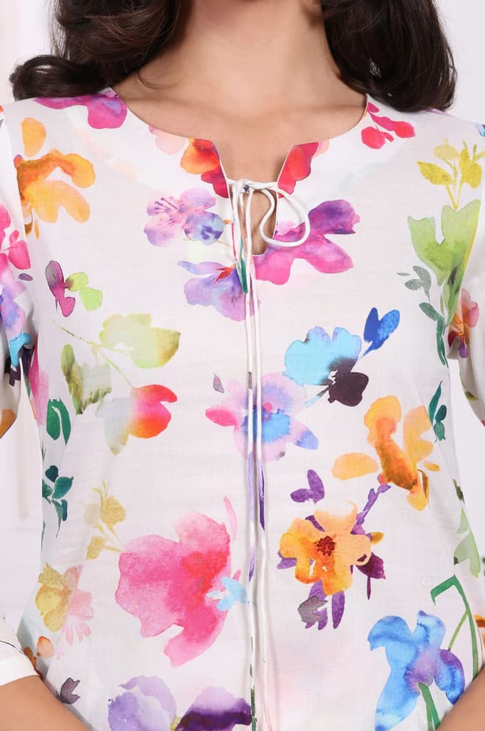 White Floral Printed Pure Cotton Straight Kurta and Straight Pants Set — photo 3