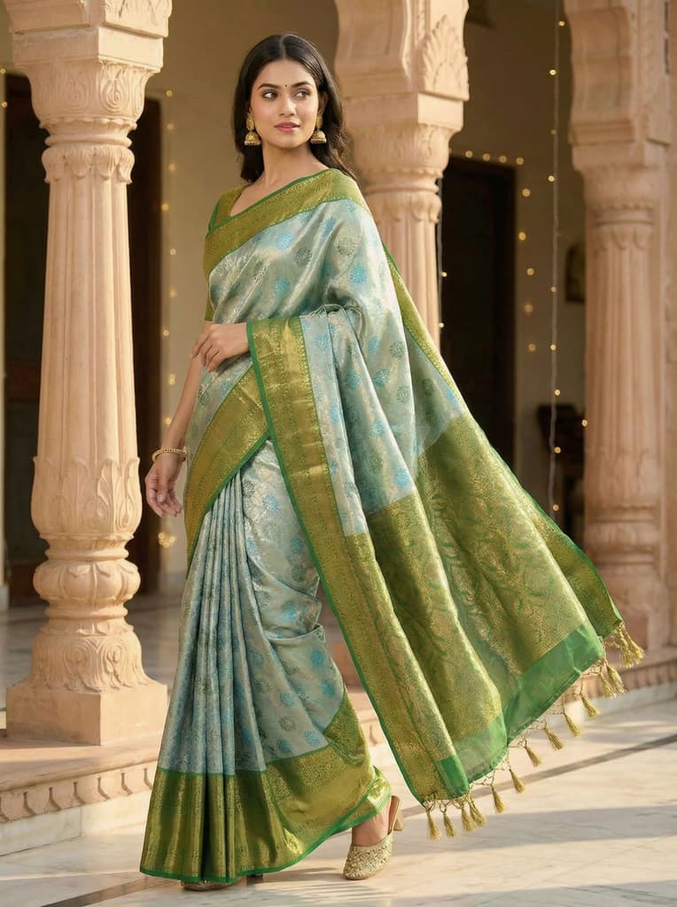 MIMOSA Women's Woven Design Kanjivaram Style Tissue Art Silk Saree with Blouse Piece - Saffire ( SA00002922SFFREE ) — photo 3