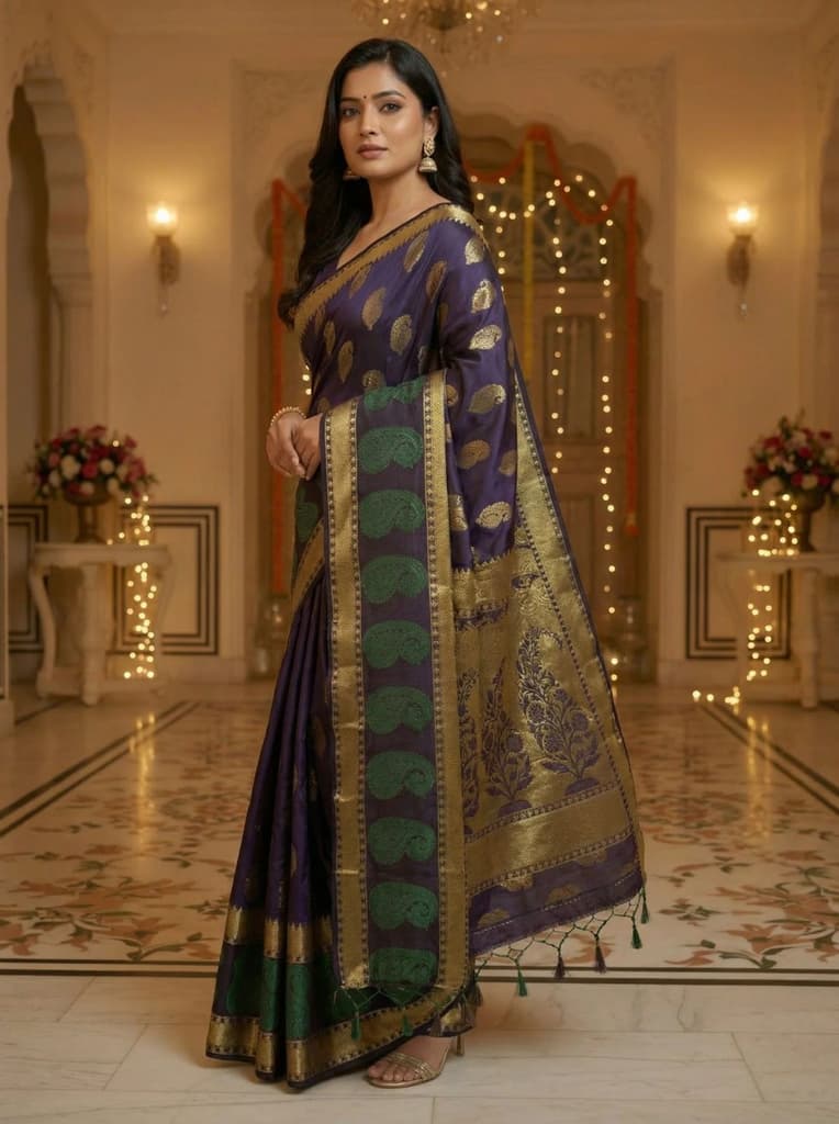 MIMOSA Women's Woven Design Kanjivaram Style Art Silk Saree with Blouse Piece - Navy ( SA00003149NVFREE ) — photo 2