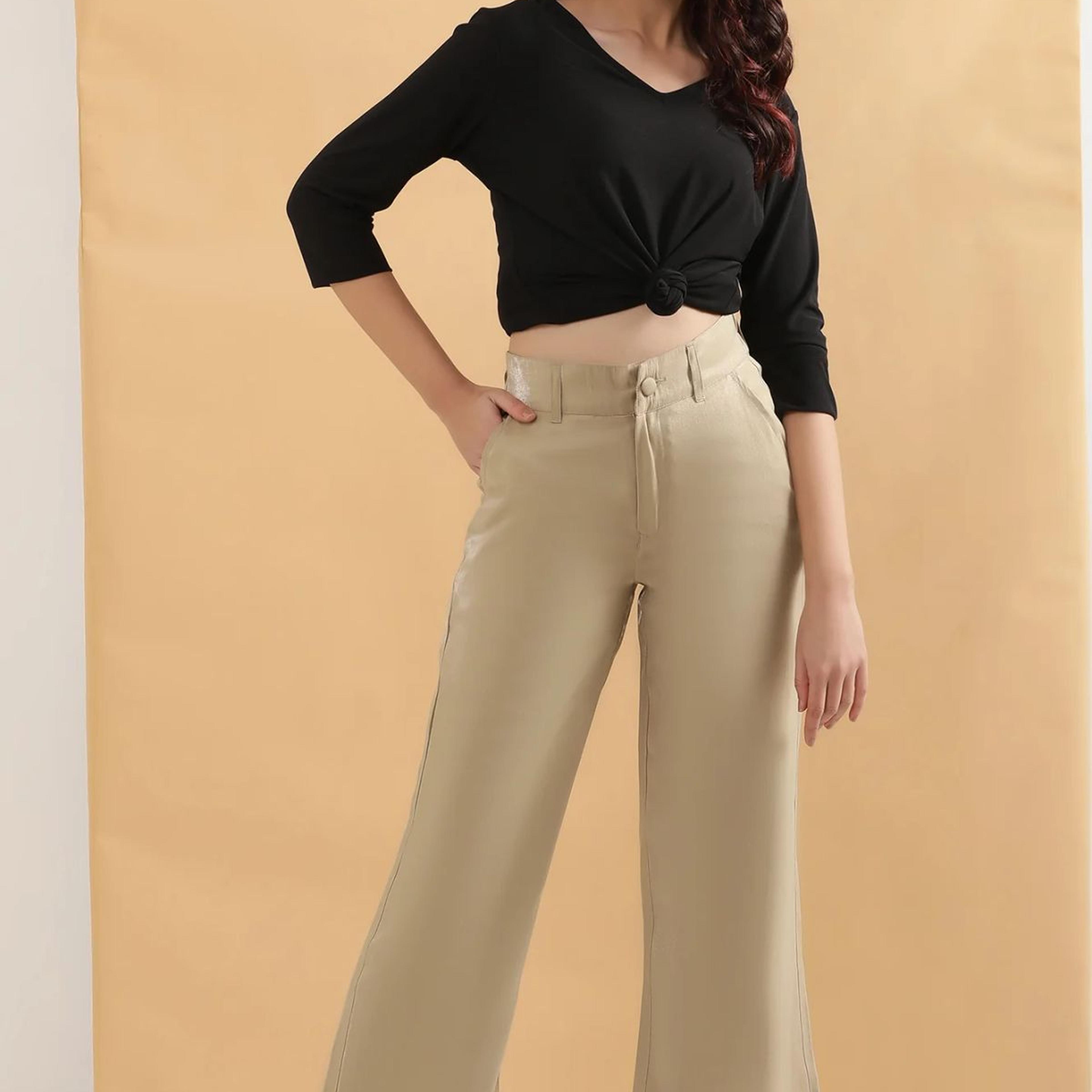 Gold Solid Straight Fit Woven Pants With Elasticated Back