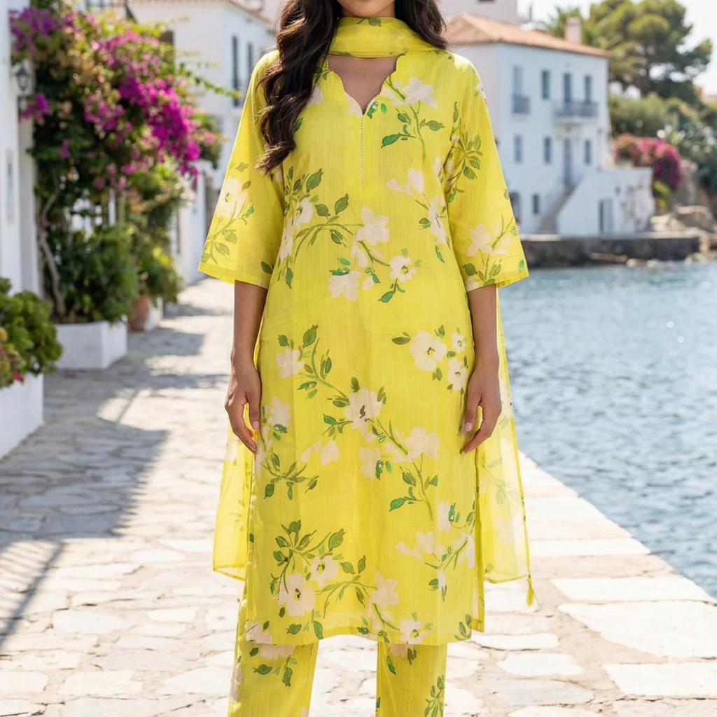 Yellow Floral Printed Pure Cotton Straight Kurta with Pants and Dupatta Set