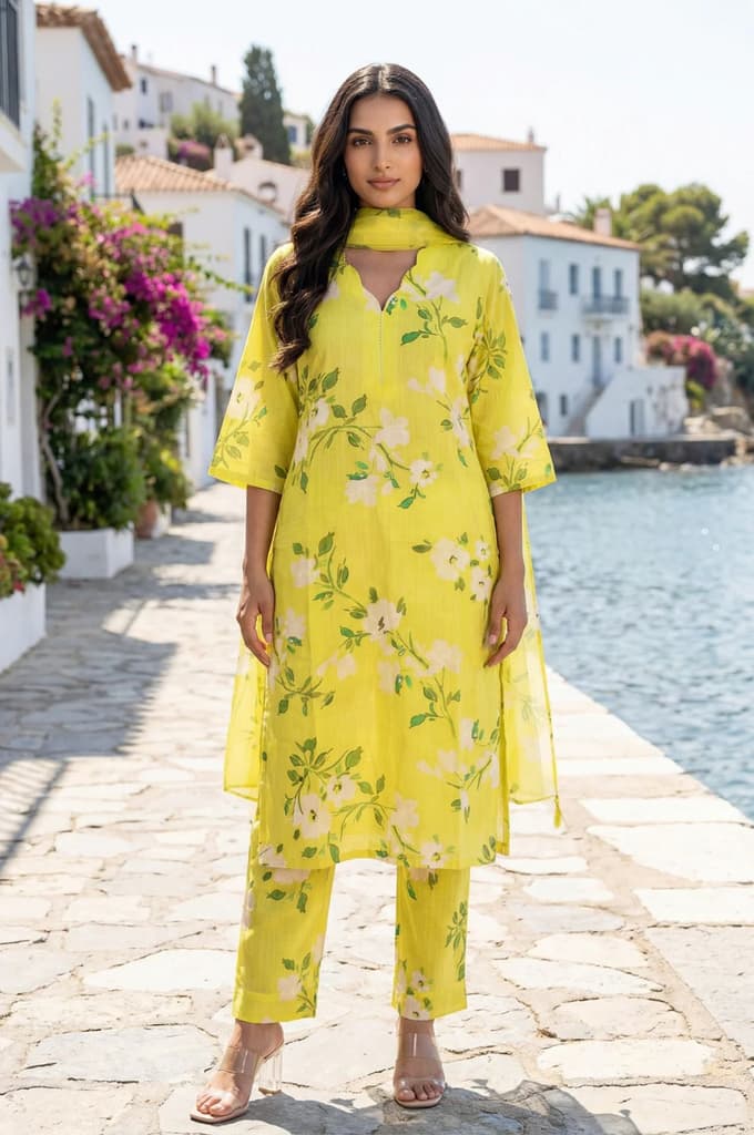 Yellow Floral Printed Pure Cotton Straight Kurta with Pants and Dupatta Set — XS