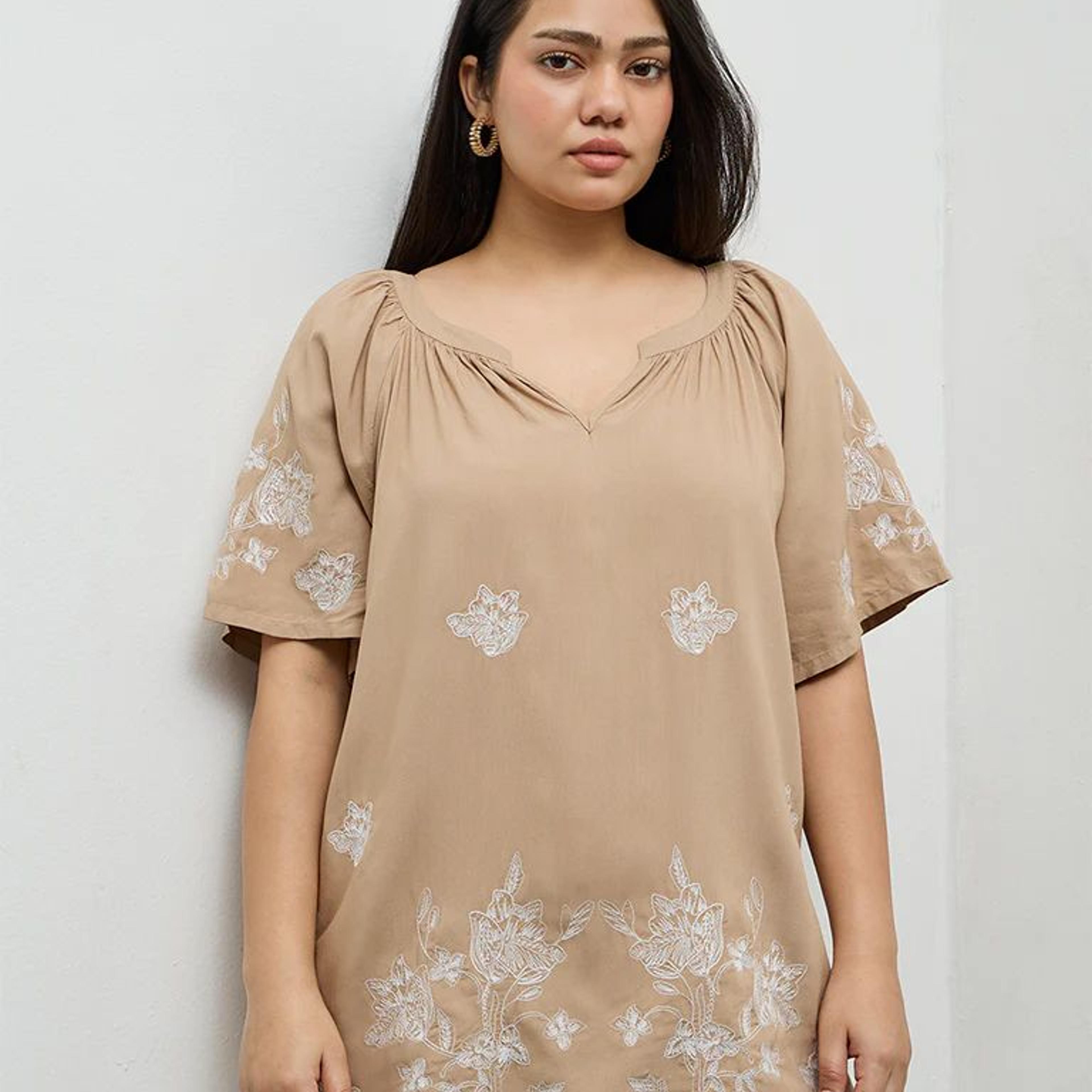 Gia Beige Floral Embroidered Top