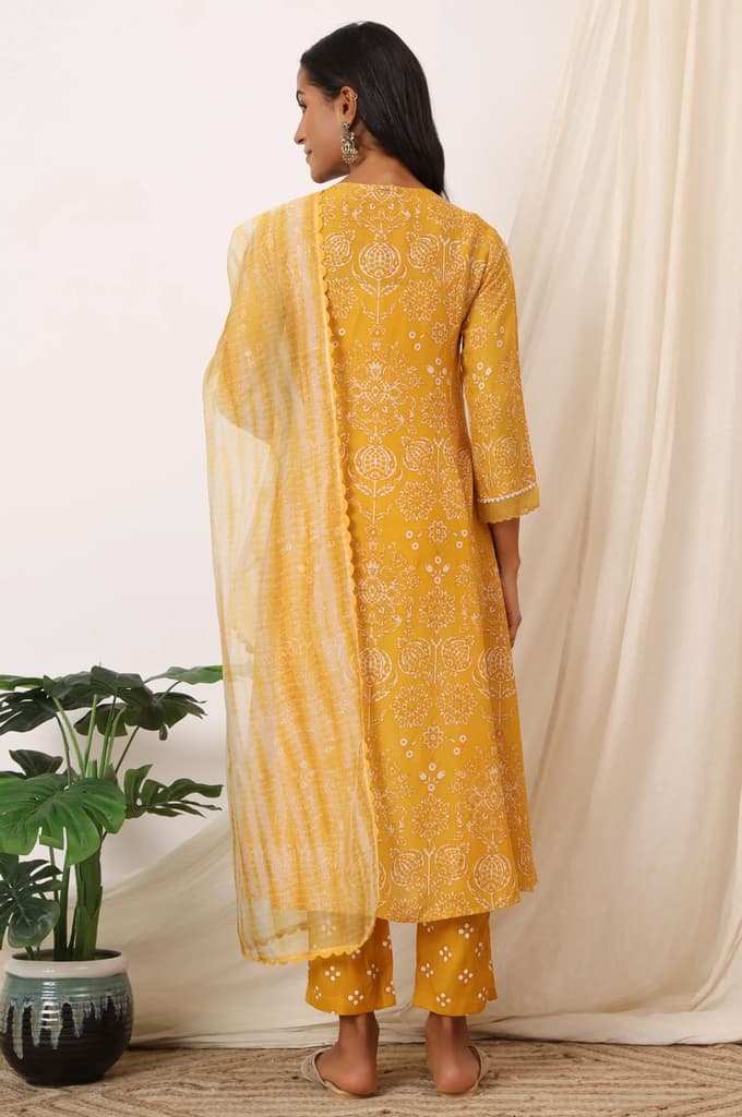 Mango Yellow Printed Flared Kurta and Pants Set with Dupatta — photo 6