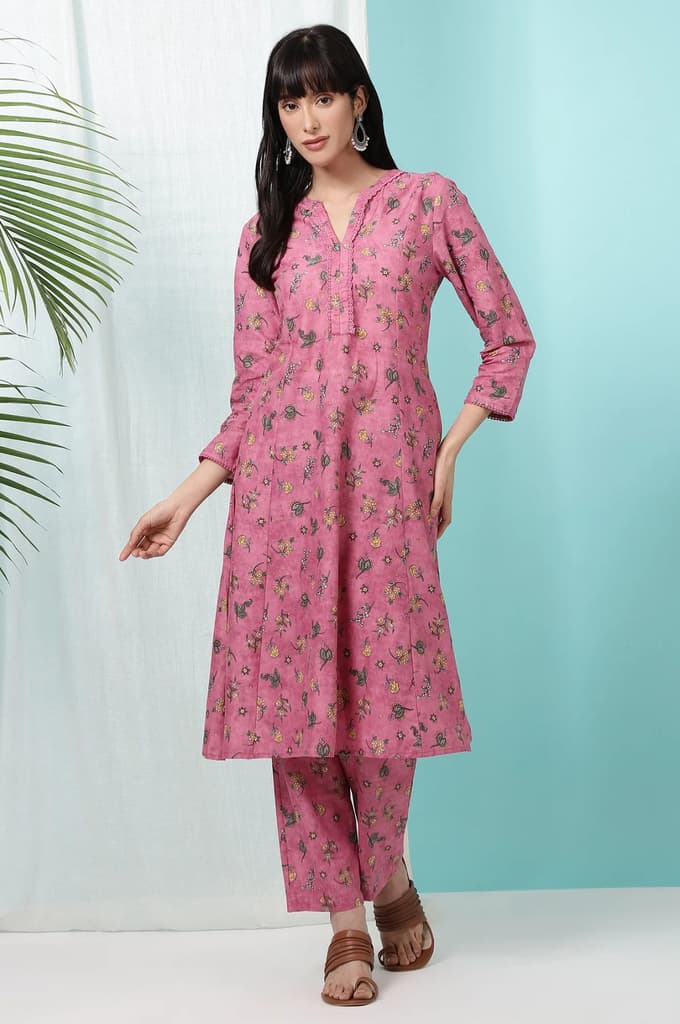 Pink Floral Printed Pure Cotton A-line Kurta and Pants Co-ord Set — photo 2