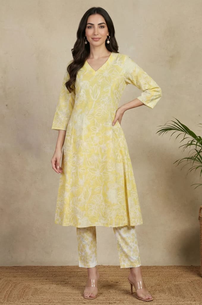 Yellow Floral Printed Pure Cotton Ankle Length Straight Pants — photo 5