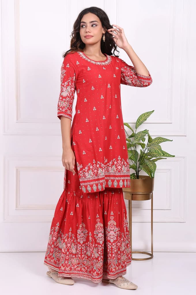 Red Floral Printed Embroidered Straight Cotton Kurta with Sharara and Dupatta Set — photo 6