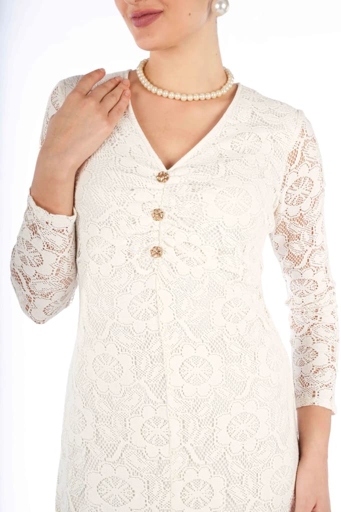 Leyna Off White Floral Cotton Nylon Fitted V-Neck Full Sleeve Top — photo 6