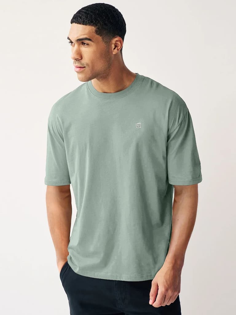 Men's Granite Green Solid Round Neck Oversized Half Sleeve Cotton T-Shirt — photo 2