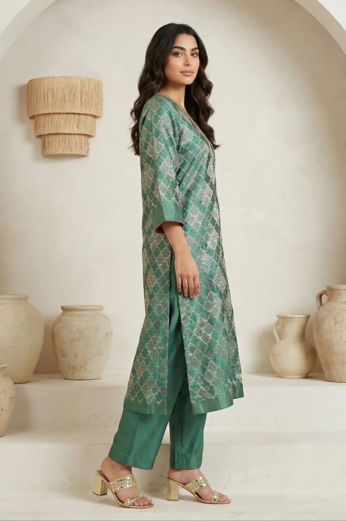 Green Geometric Printed Zari Work Jacquard Straight Kurta with Pants and Dupatta Set — photo 5