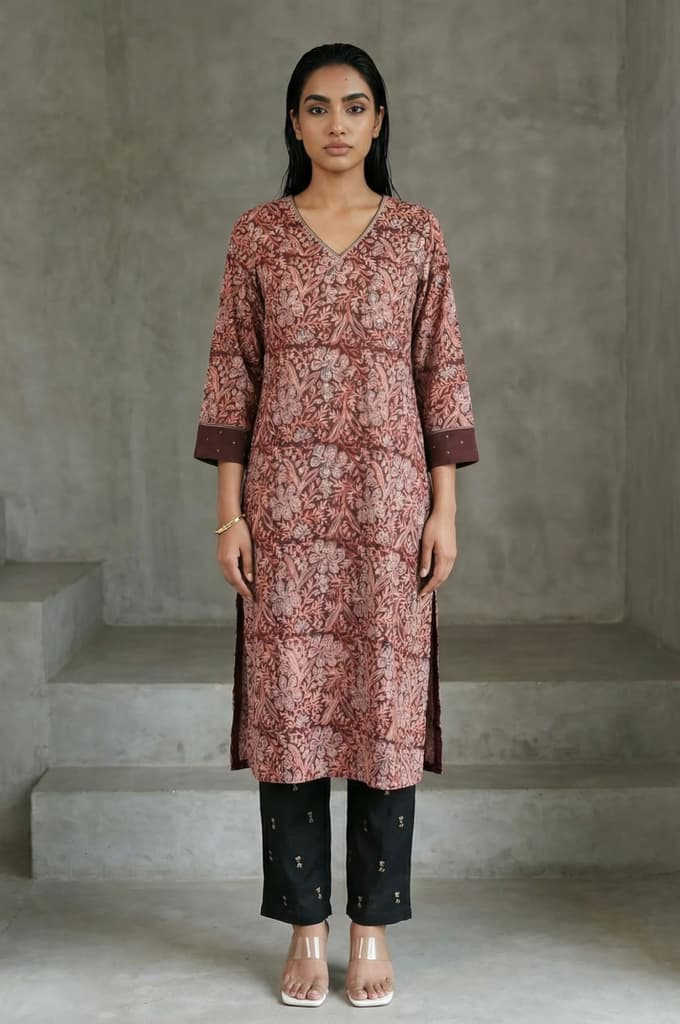 Chocolate Brown Sequins Floral Printed Pure Cotton Straight Kurta — photo 2