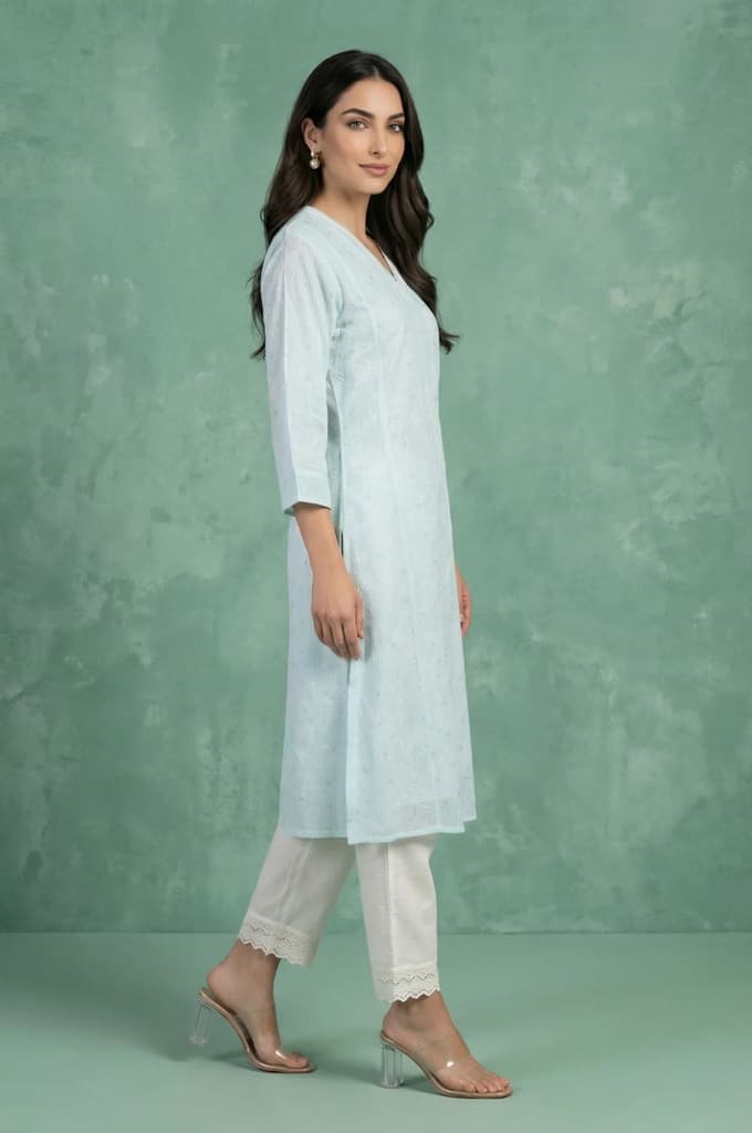 Light Blue Chikankari Embroidered Kota Straight Kurta — photo 6