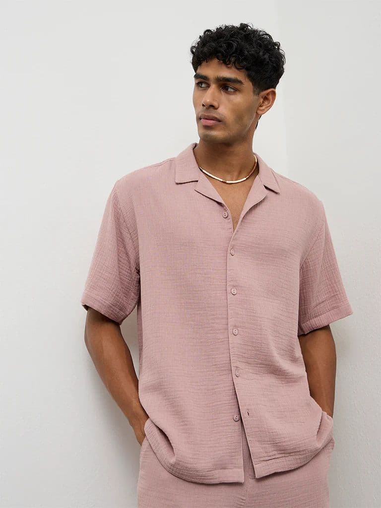 ETA Dusty Pink Crinkle-Textured Relaxed-Fit Cotton Shirt — photo 2