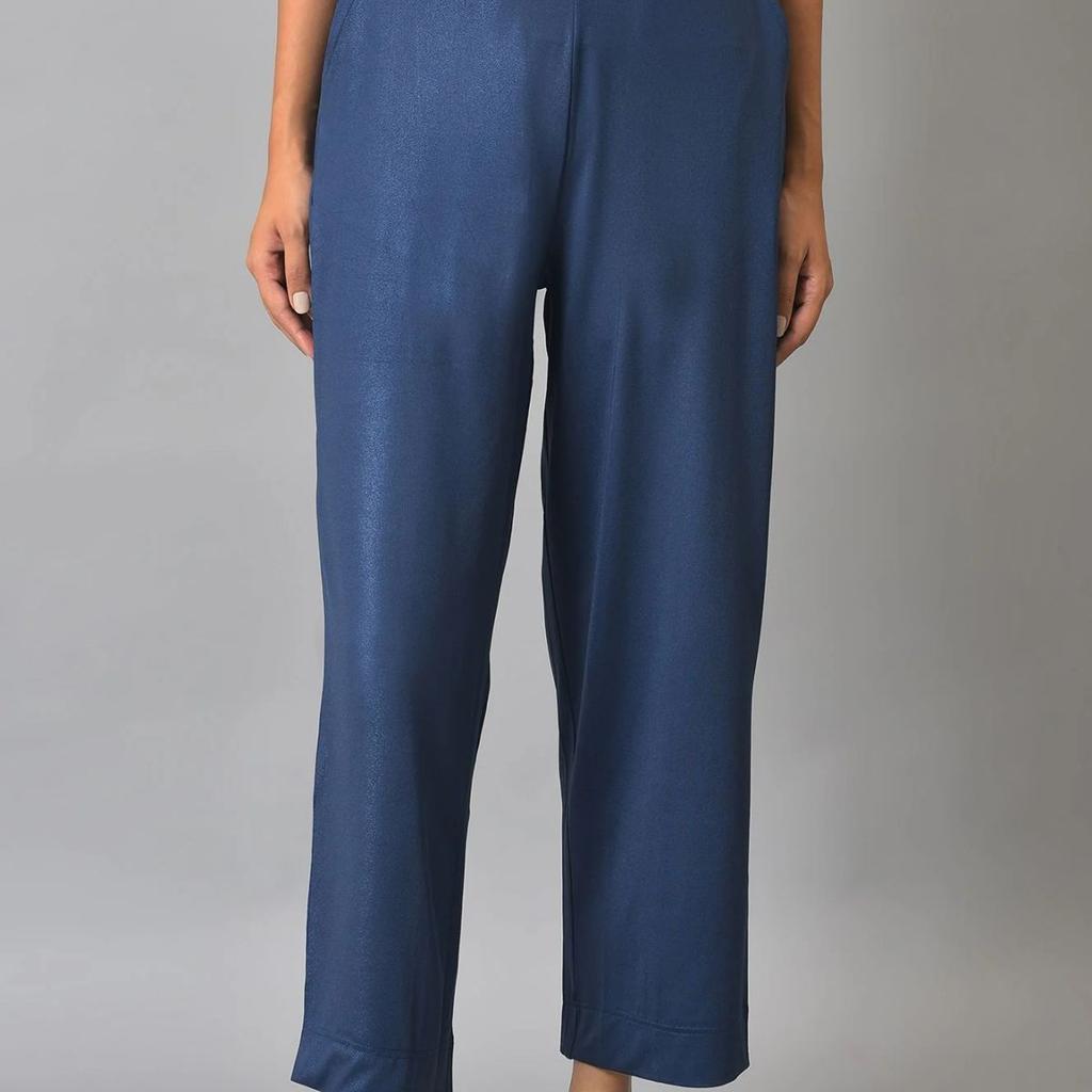 Blue Solid Straight Fit Palazzo With Side Pockets