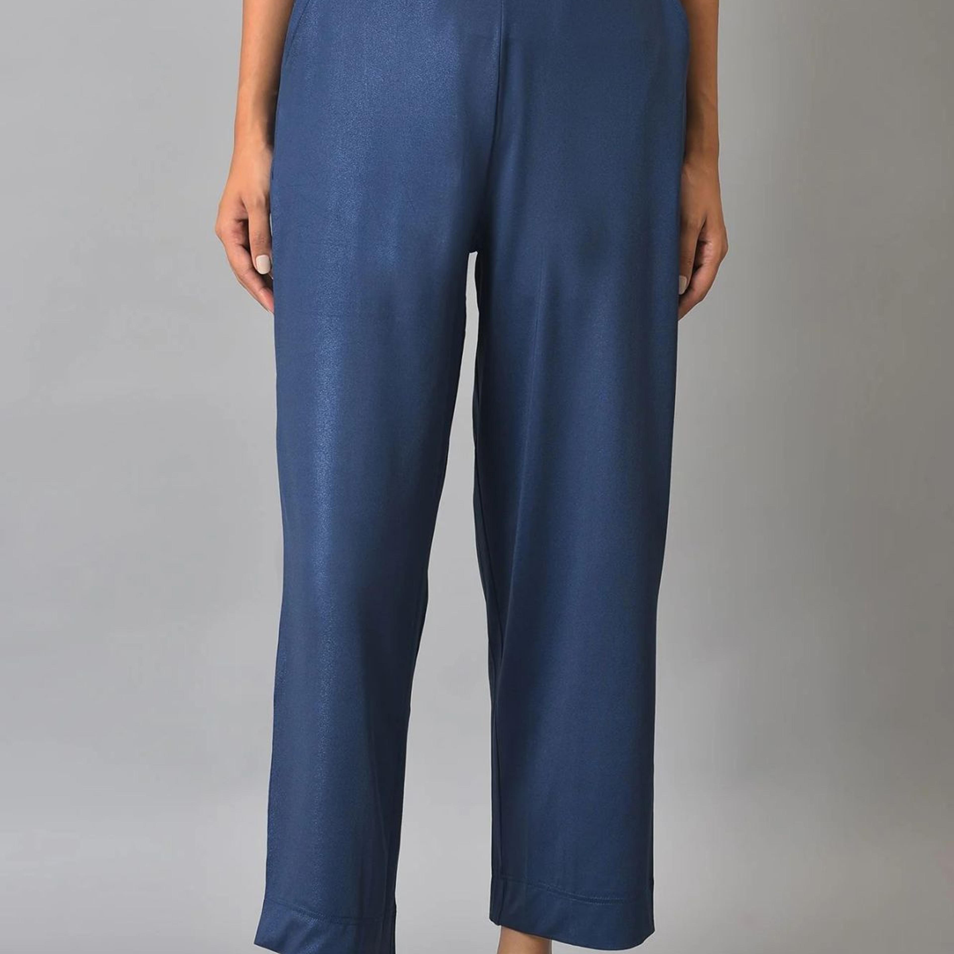 Blue Solid Straight Fit Palazzo With Side Pockets