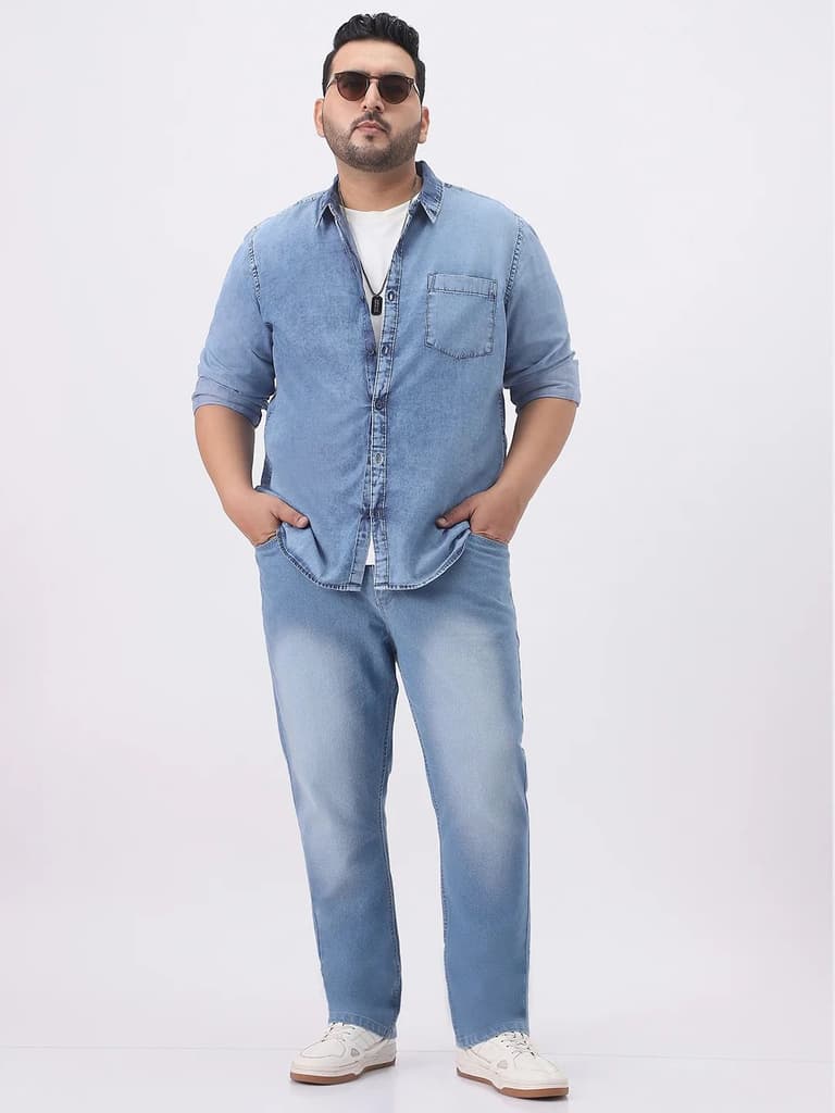 Plus Men's Ice Blue Regular Fit Full Sleeve Washed Denim Shirt — photo 5