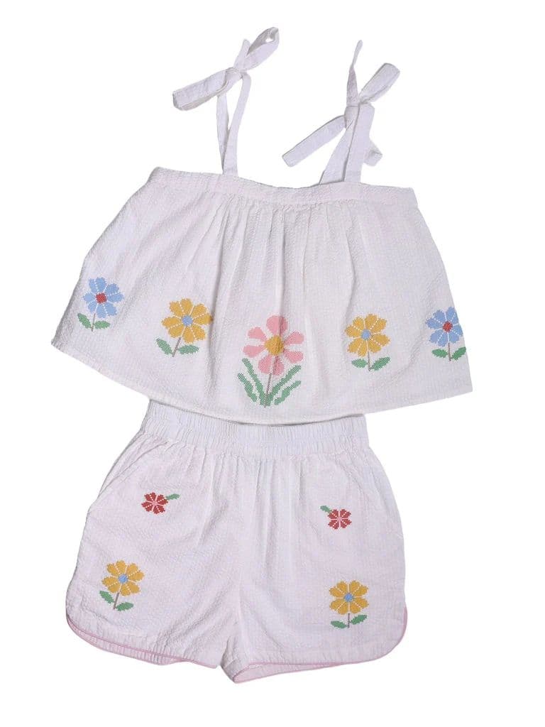 Y&F Kids Girls White Floral Embroidered Cotton Top and Shorts Set — photo 3