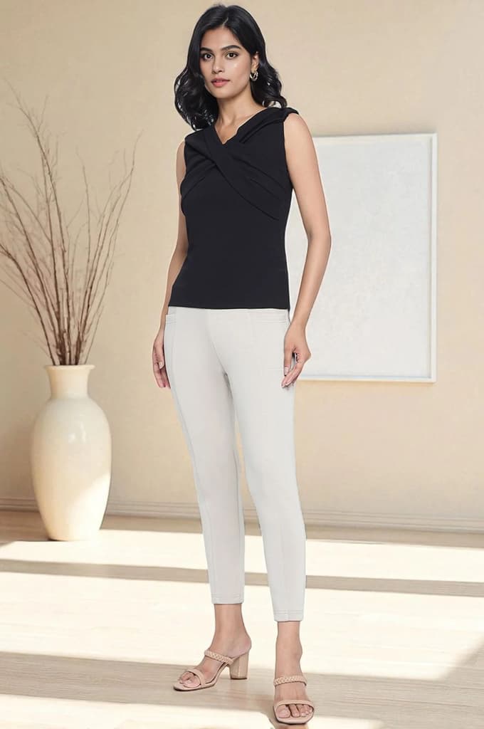 Tan Solid Mid Rise Tights in Calf Length — photo 6