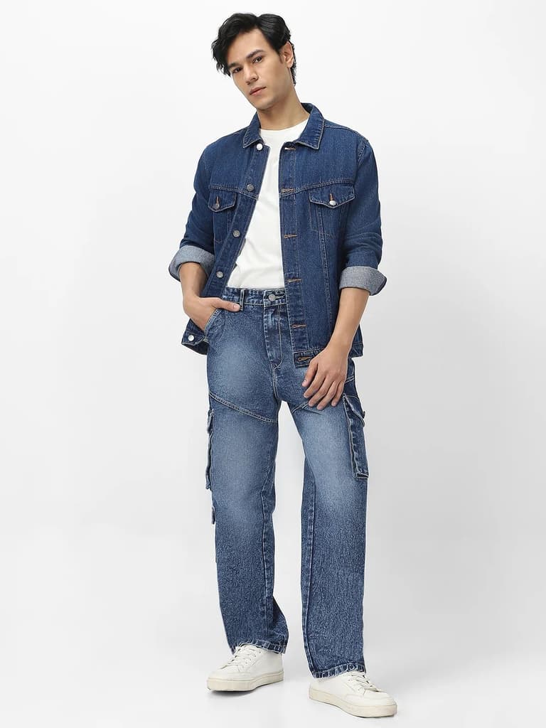 Men's Blue Loose Fit Cargo Jeans With 7 Pockets Non Stretchable — photo 4