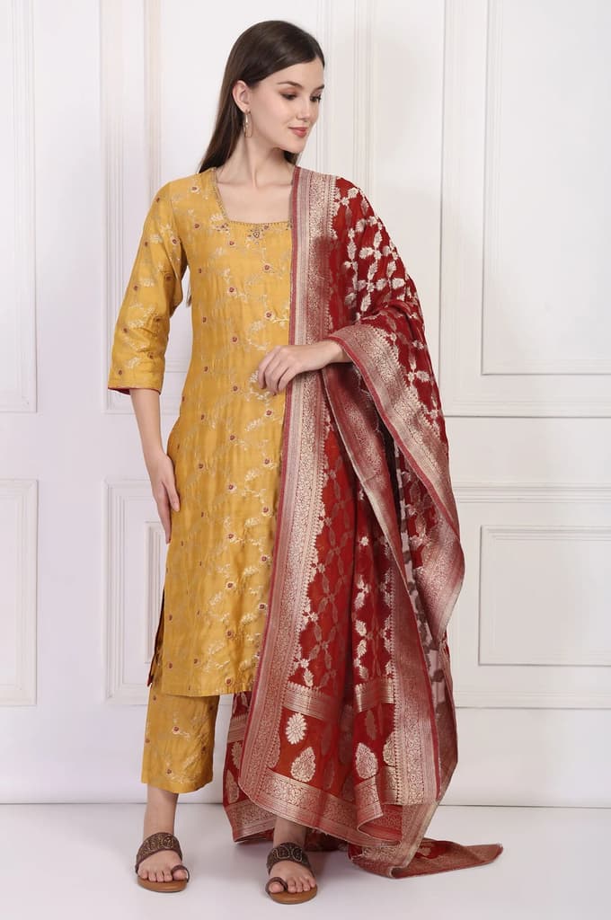Mustard Jacquard Straight Kurta with Straight Pant and Dupatta Set — XS