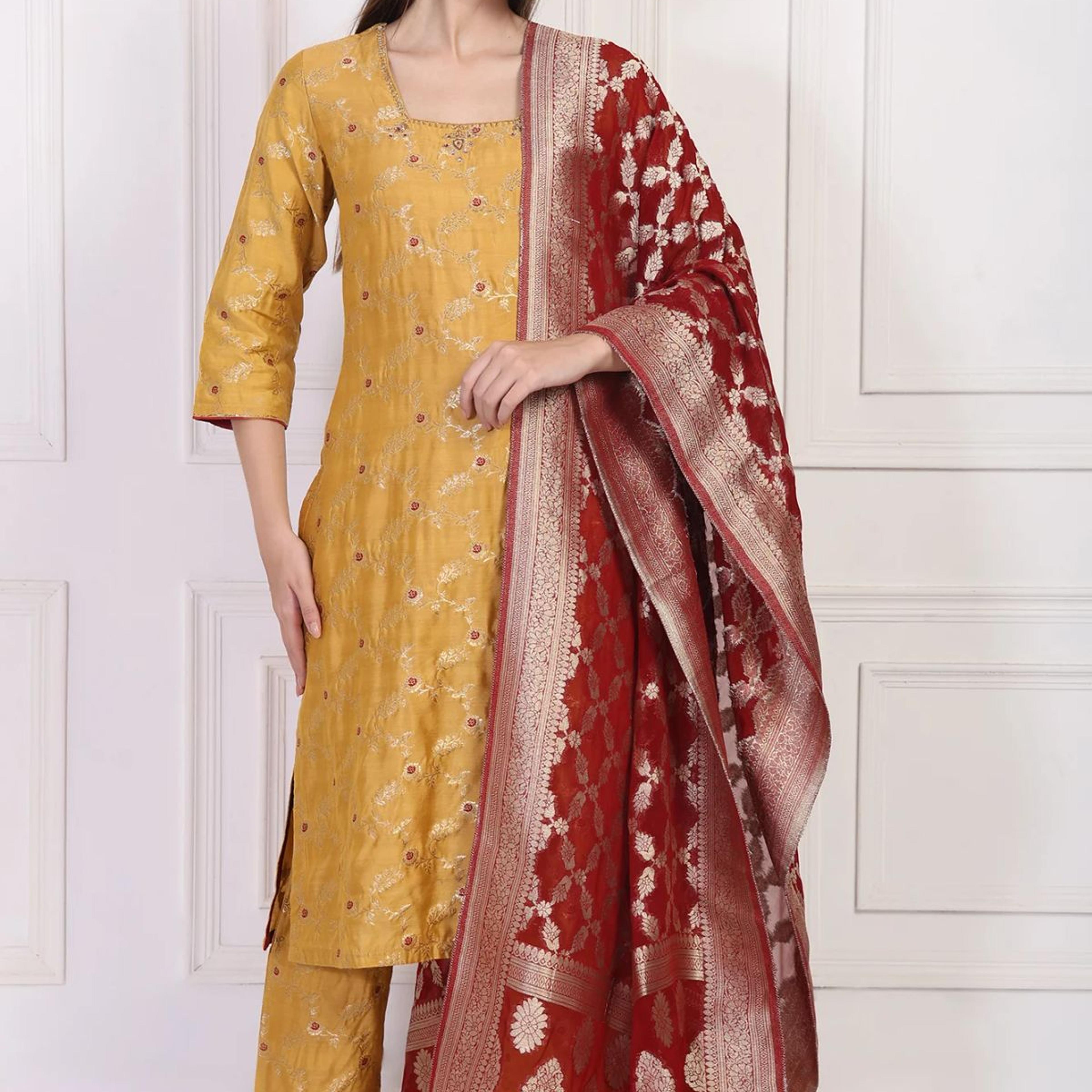 Mustard Jacquard Straight Kurta with Straight Pant and Dupatta Set