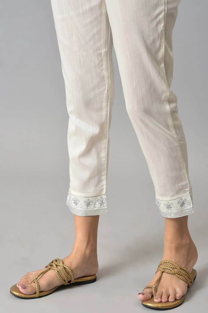 White Floral Wide Leg Cotton Pants With Elasticated Waist — photo 8