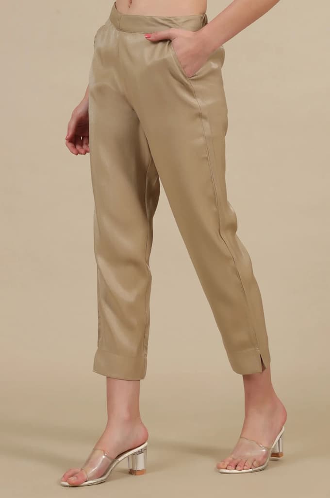 Gold Solid Straight Fit Trousers With Elasticated Waist — photo 2