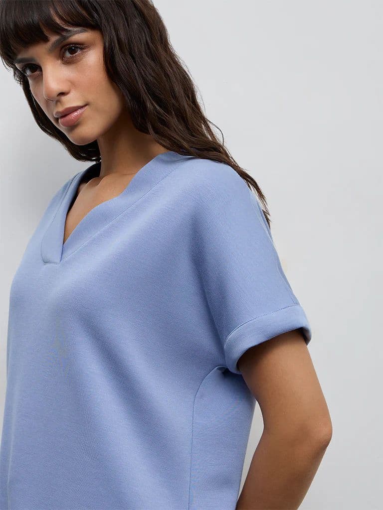 Wunderlove Dusty Blue Solid V-Neck Top — photo 3