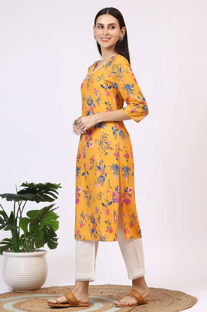 Yellow Floral Printed Modal Straight Kurta with Lace — photo 5