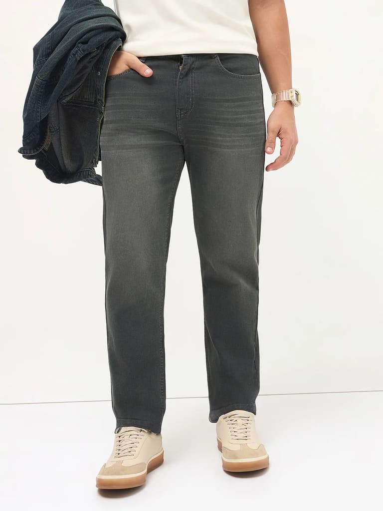 Men's Dark Grey Regular Fit Whisker Wash Yellow Tint Denim Jeans Stretchable — photo 2