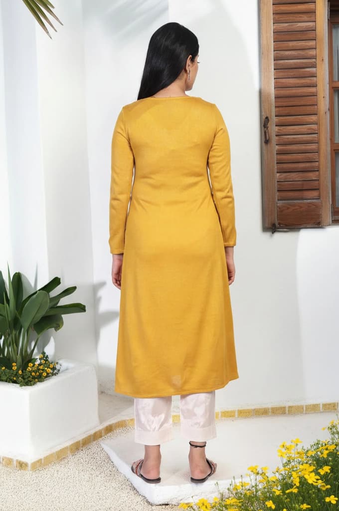 Mustard Embroidered A-Line Acrylic Winter Kurta — photo 5
