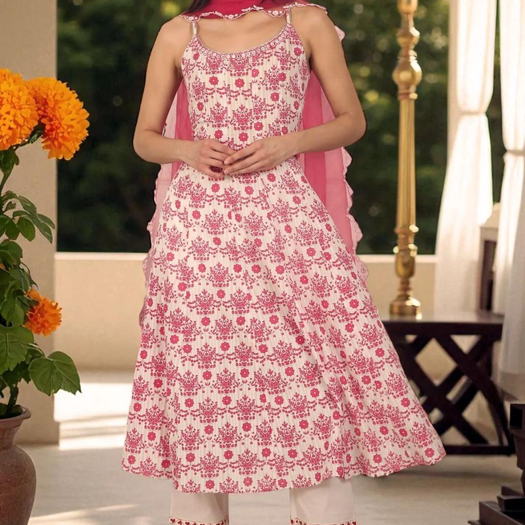 White and Pink Printed Cotton Lurex Anarkali Spaghetti Kurta, Pants and Dupatta Set