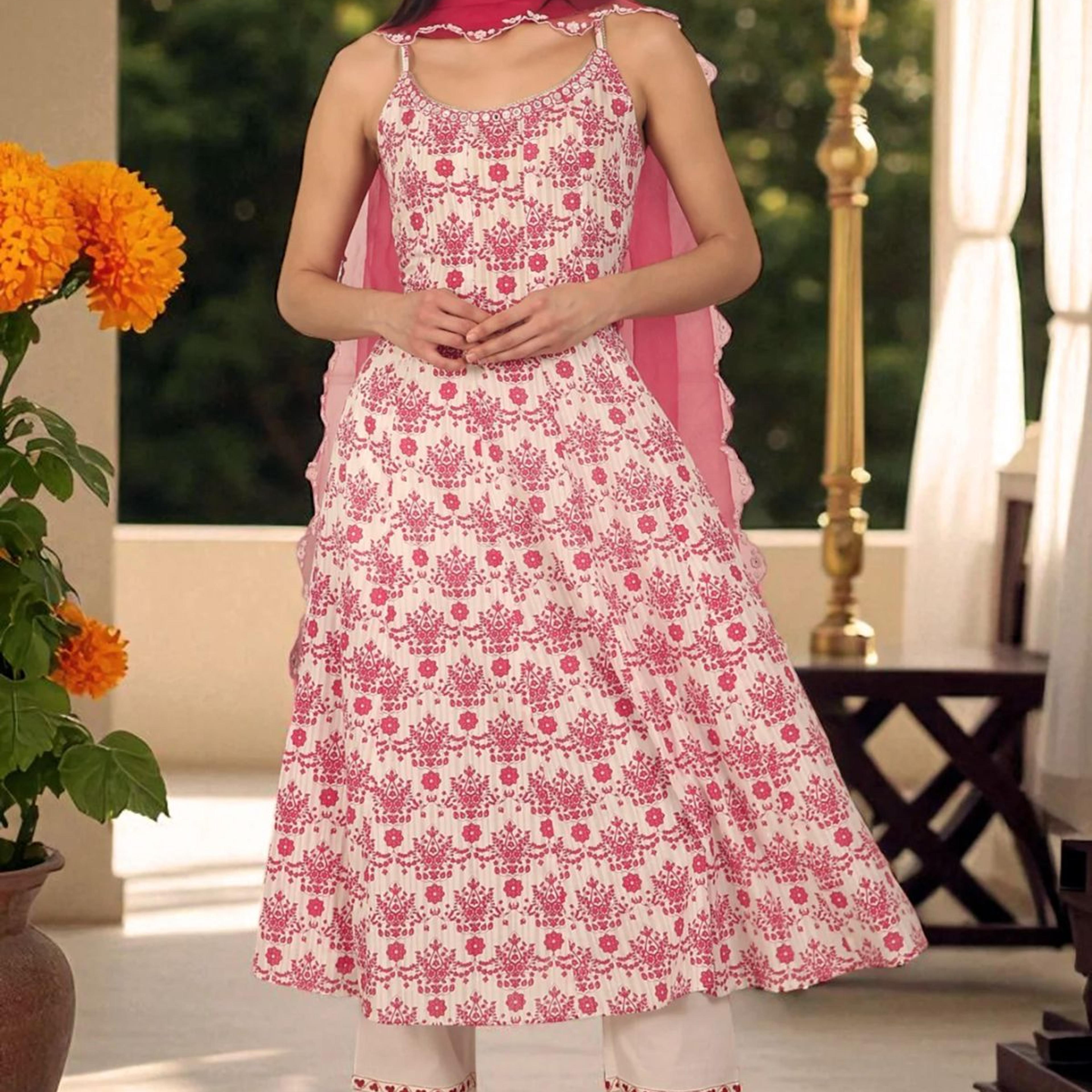 White and Pink Printed Cotton Lurex Anarkali Spaghetti Kurta, Pants and Dupatta Set