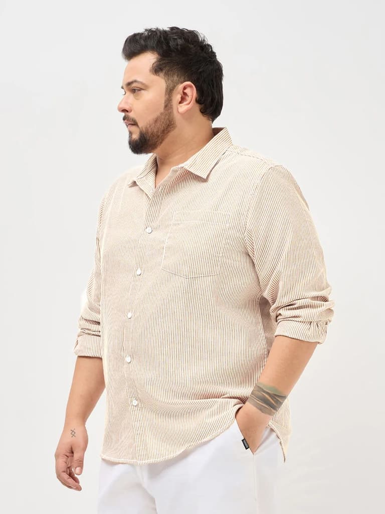 Plus Men's Pumpkin Spice Cotton Full Sleeve Regular Fit Casual Striped Shirt — photo 3