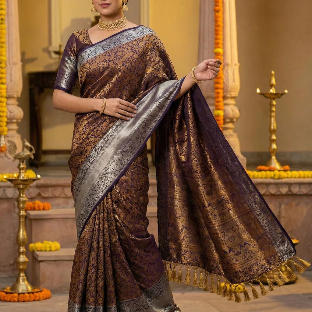 MIMOSA Women's Woven Design Banarasi Style Art Silk Saree with Blouse Piece - Navy ( SA00003132NVFREE )