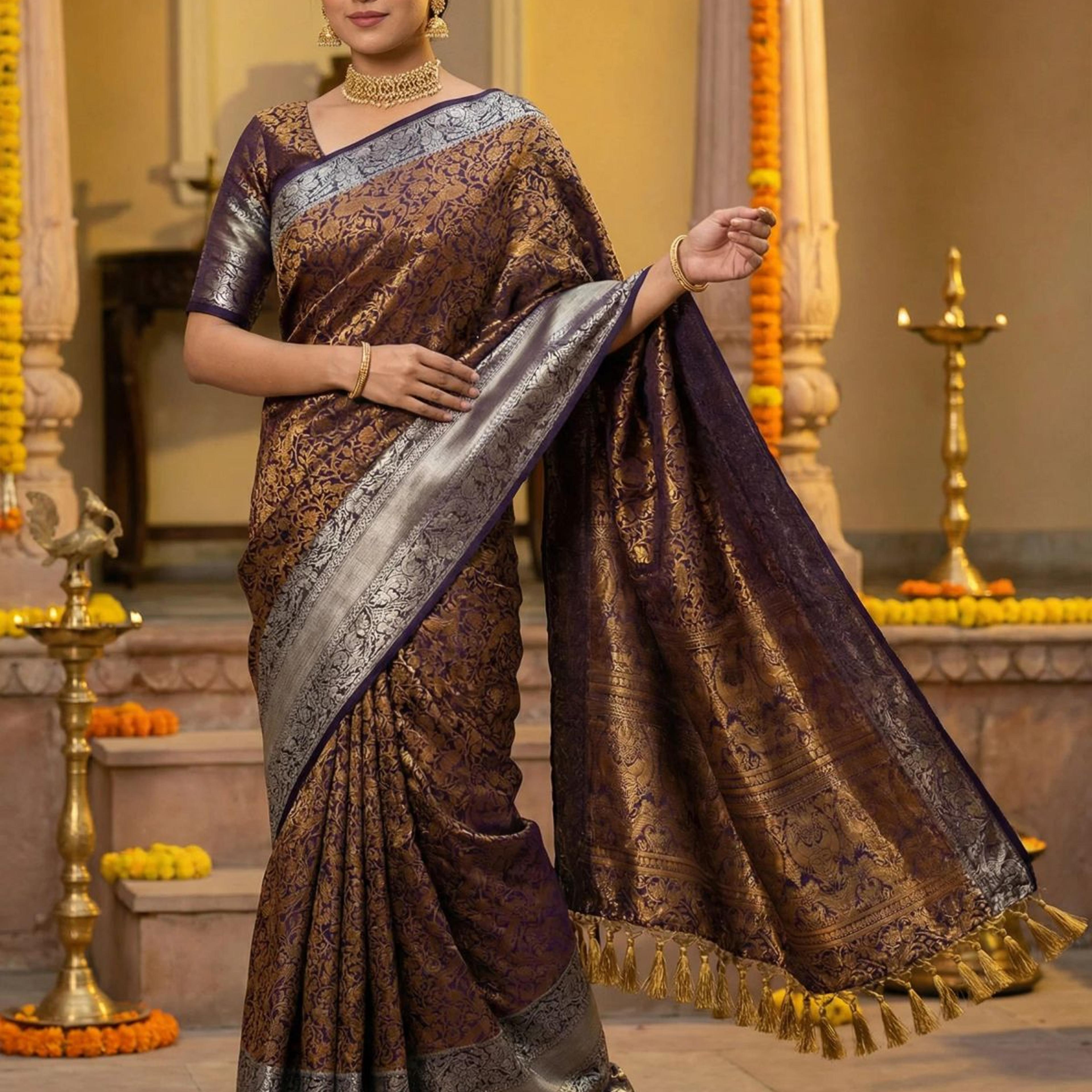 MIMOSA Women's Woven Design Banarasi Style Art Silk Saree with Blouse Piece - Navy ( SA00003132NVFREE )