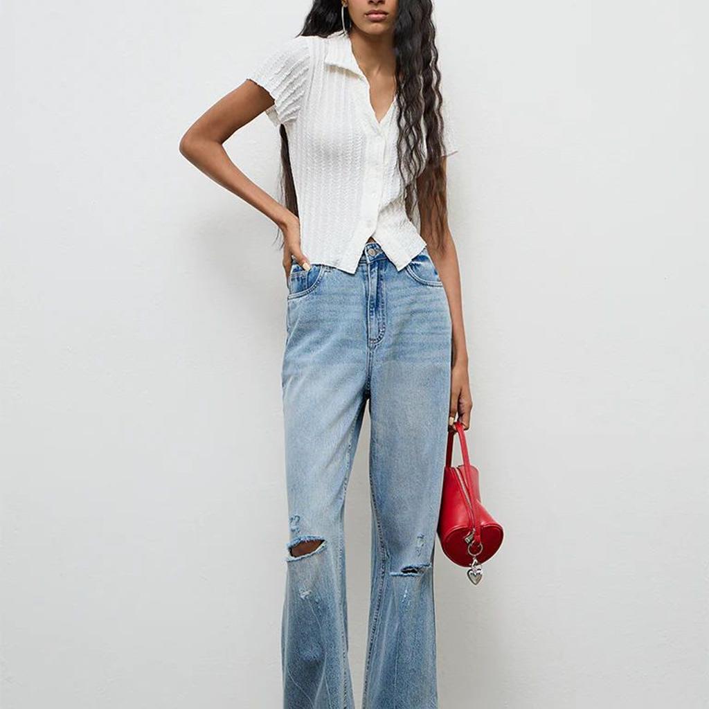 Nuon Blue Washed Distressed High-Rise Jeans