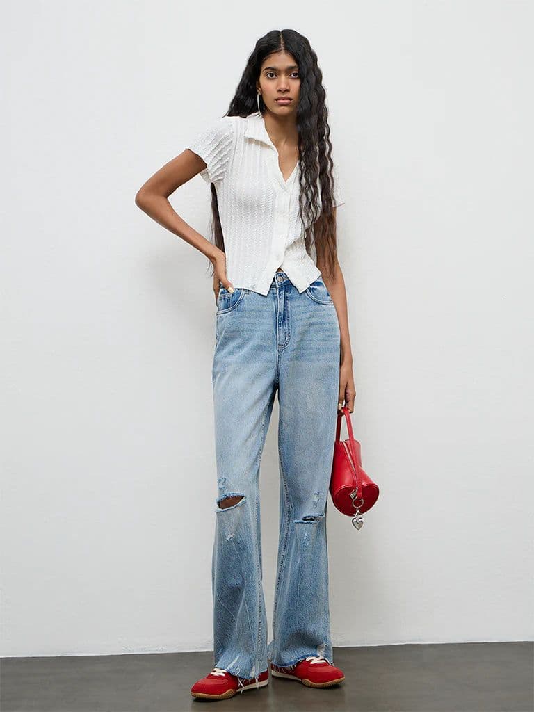 Nuon Blue Washed Distressed High-Rise Jeans