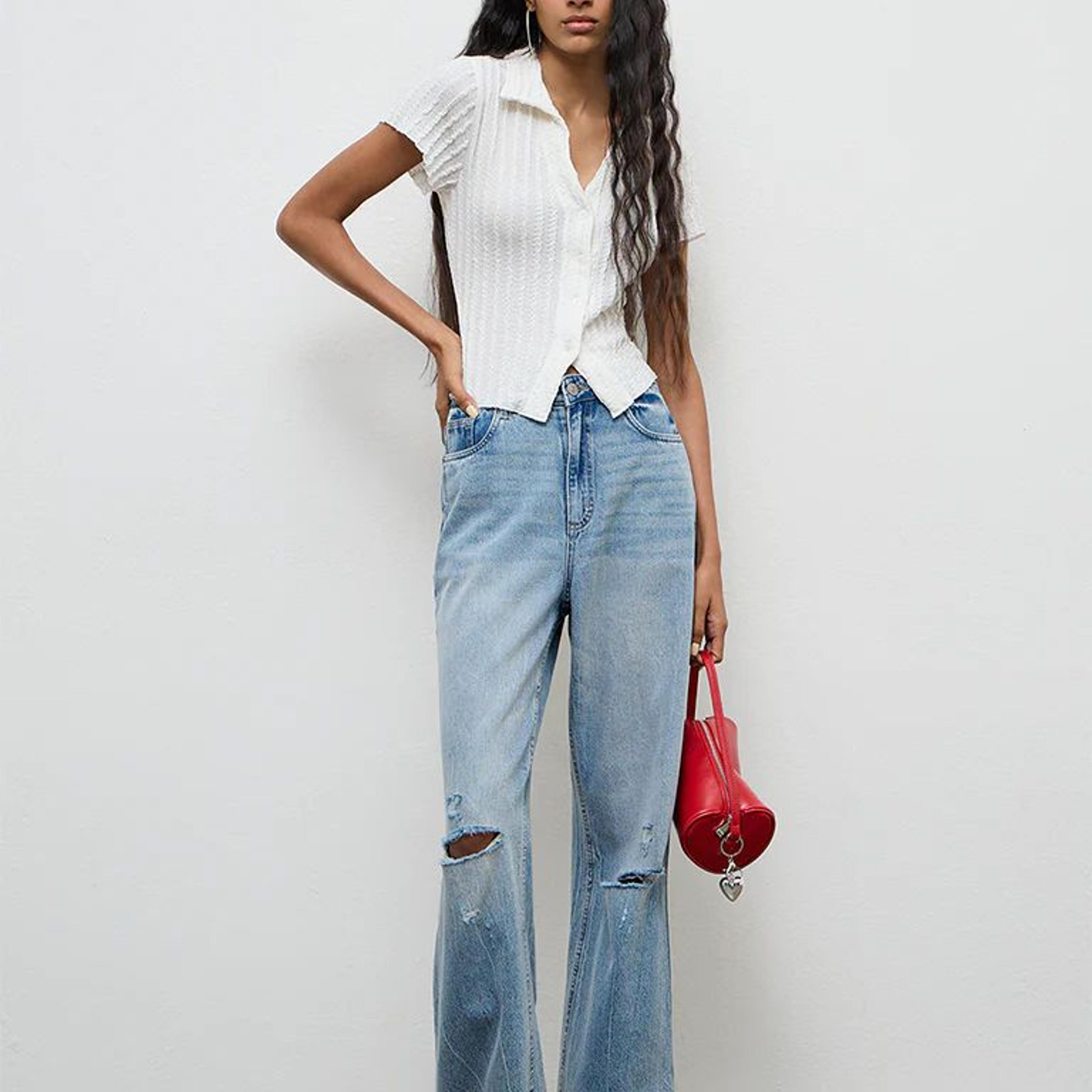 Nuon Blue Washed Distressed High-Rise Jeans
