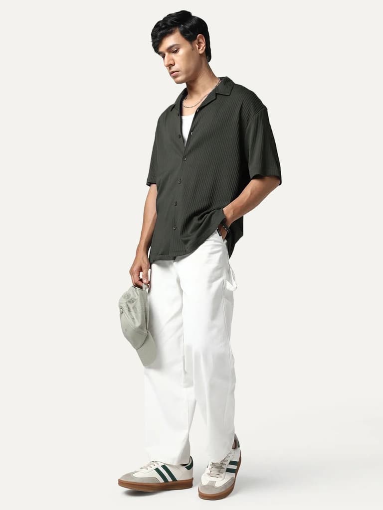 Men's Dark Grey Cotton Half Sleeve Oversized Fit Textured Shirt with Cuban Collar — photo 4