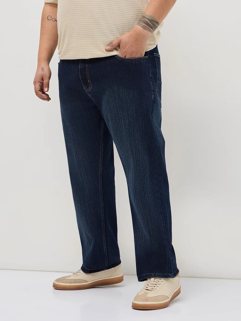 Plus Men's Dark Blue Straight Fit Washed Denim Jeans Stretchable — photo 2