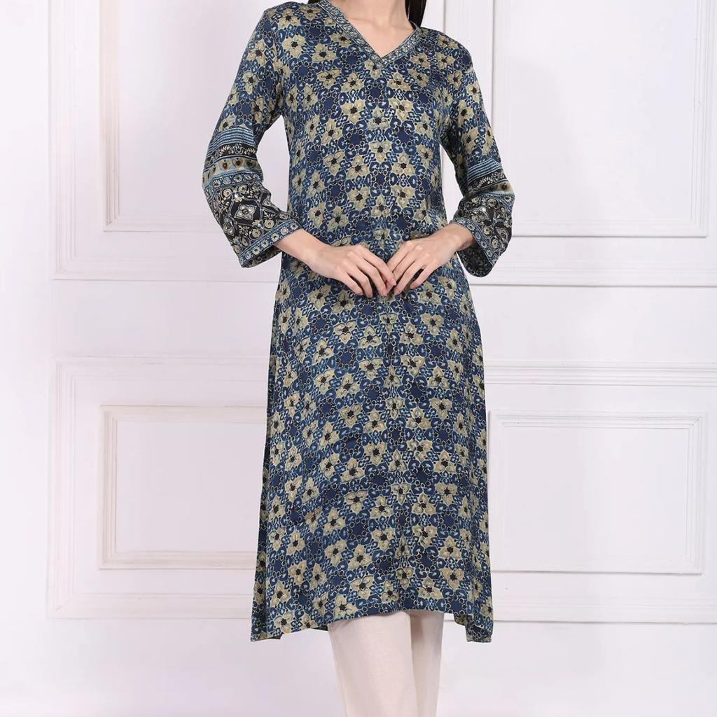 Blue Floral Printed Thread Embroidered Modal Satin Straight Kurta